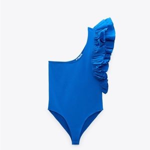 Zara Blue Ruffled Asymmetrical Bodysuit